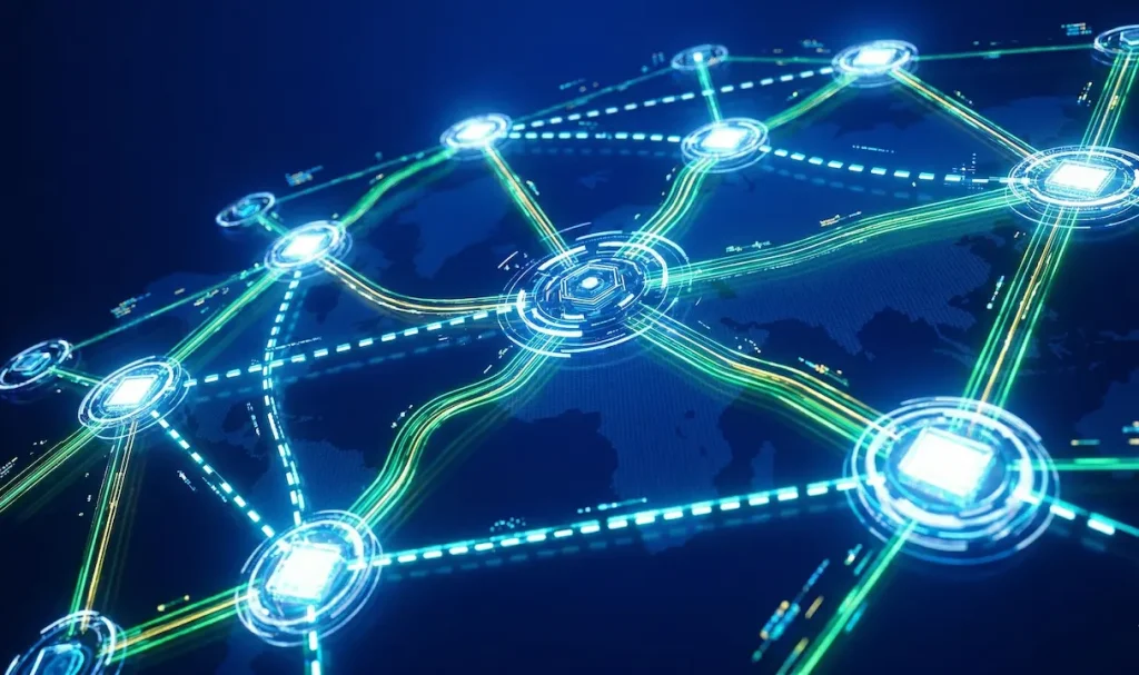 A digital map showing links connecting different global websites to a central hub.