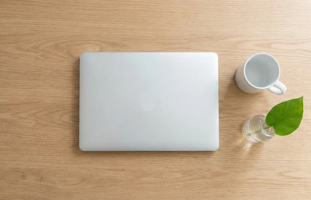 A minimalist top-down view of an organized wooden desk with a silver laptop, a white mug, and a small green leaf in a glass vase.