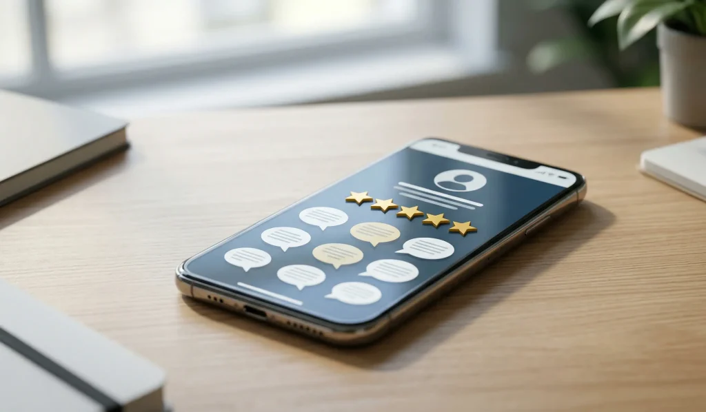 A smartphone showing a local business profile with five star Google reviews on a wooden desk.