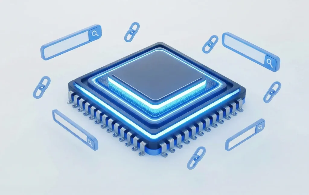 3D render of a glowing futuristic computer chip surrounded by floating blue search bars and link icons to represent AI search and SEO.