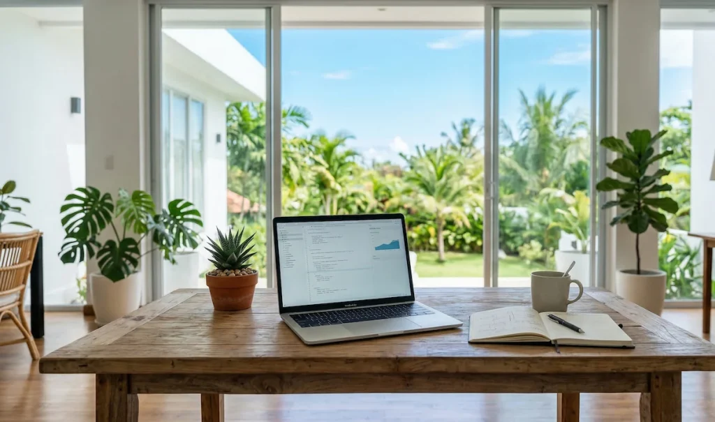 A clean, modern office desk with a laptop showing a growth chart. A tropical plant is in the corner with soft sunlight.