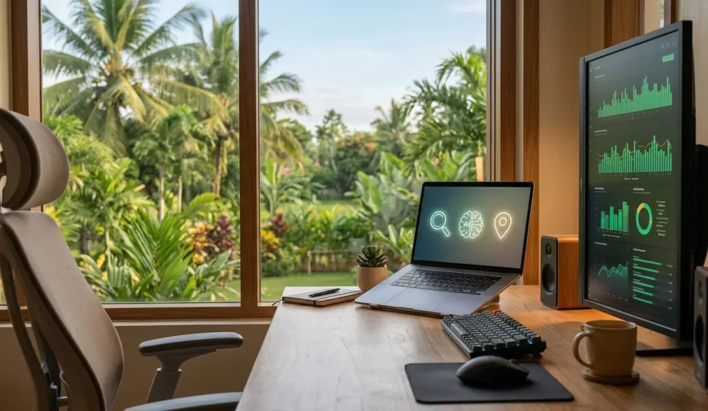 A clean desk in Dumaguete City with a laptop showing a mix of search maps and AI chat results.