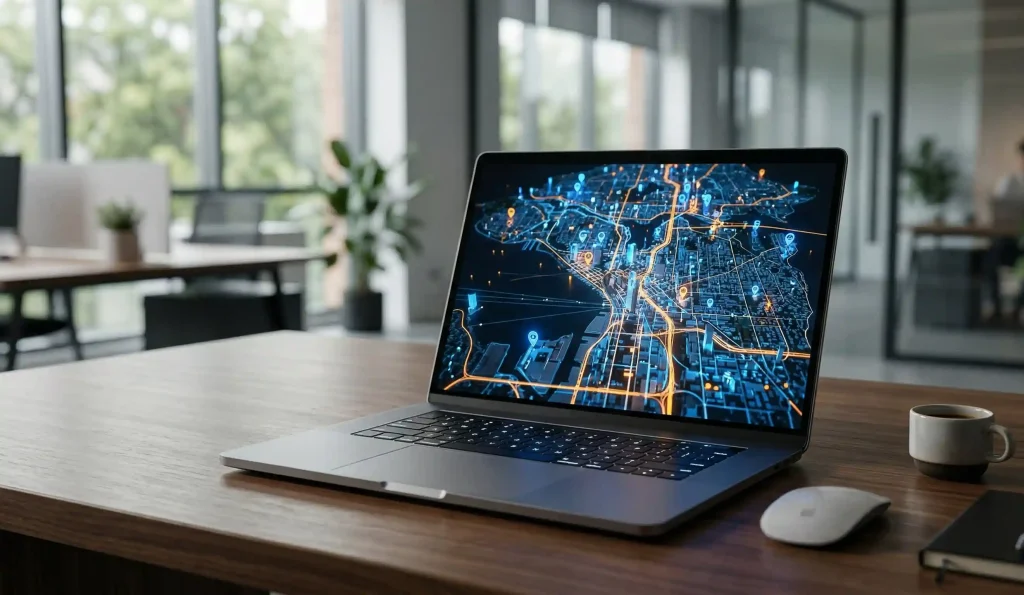 A professional showing how ai can help with local seo on a high performance laptop.