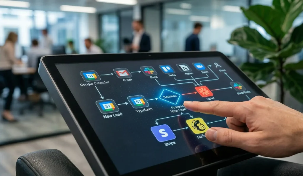 A visual logic map created with AI automation tools to connect CRM and email apps.