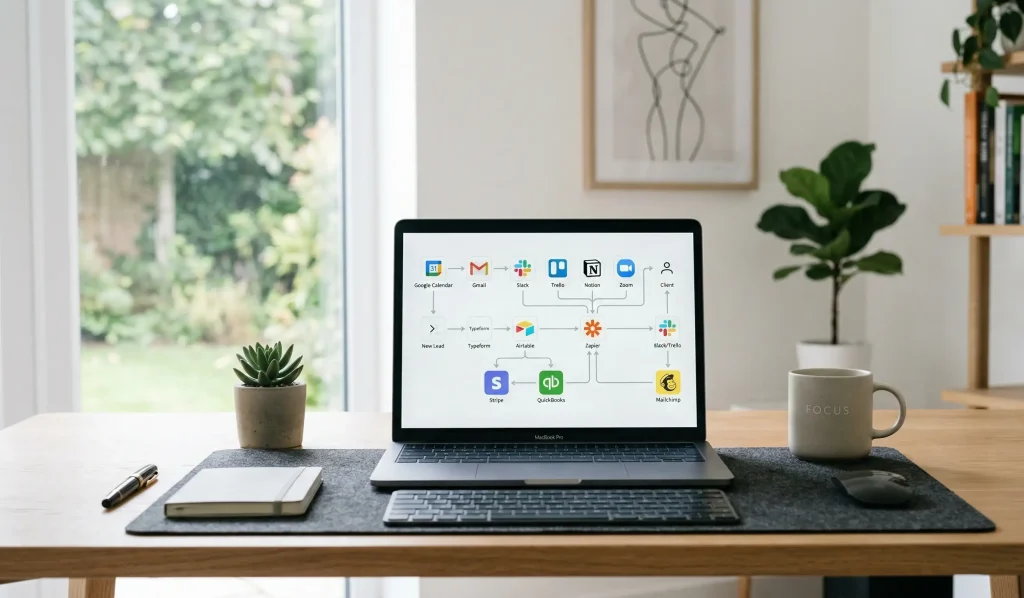 A small business owner using AI automation tools to manage a high-performance website.