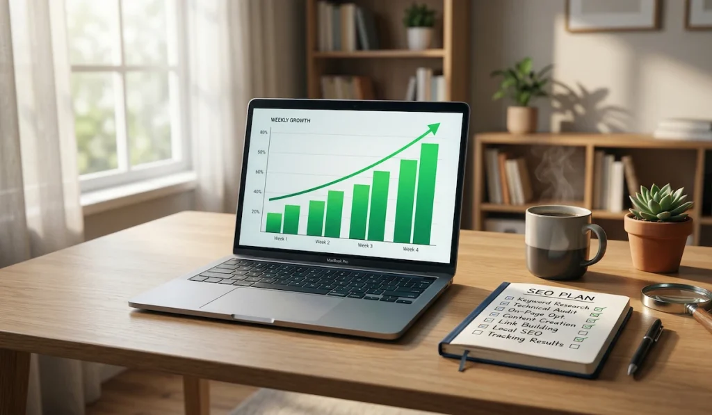 A small business owner learning how to do SEO yourself by checking search rankings on a laptop at a clean desk.