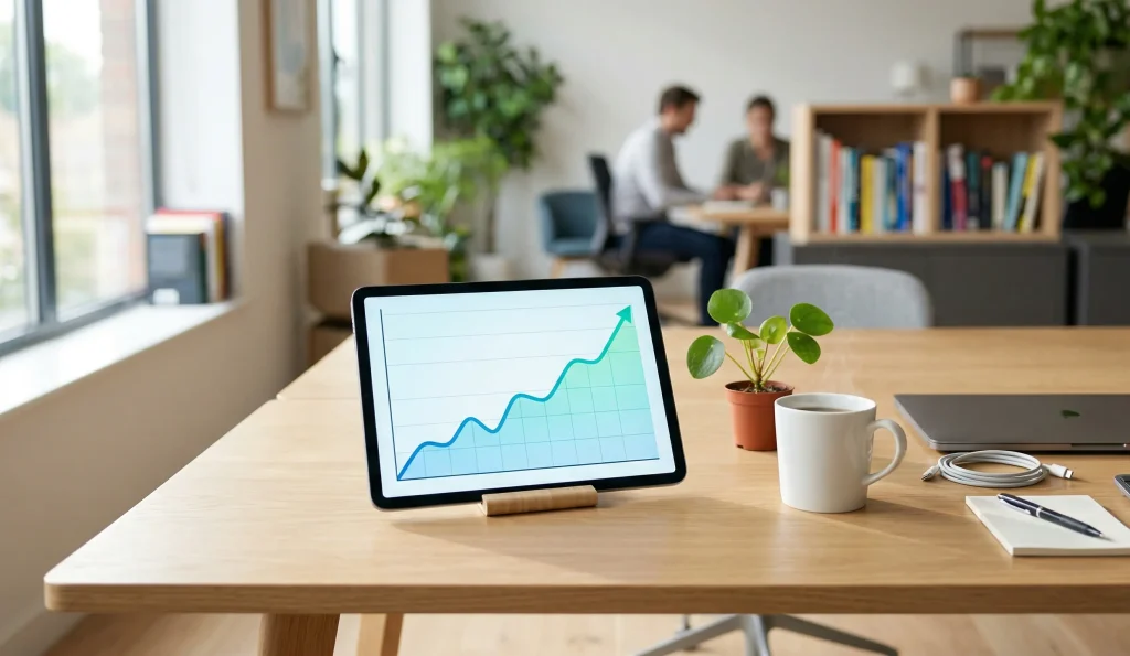 A wide shot of a tablet showing an upward growth trend on a bright, modern office desk, illustrating how to know google ranking of my website accurately.