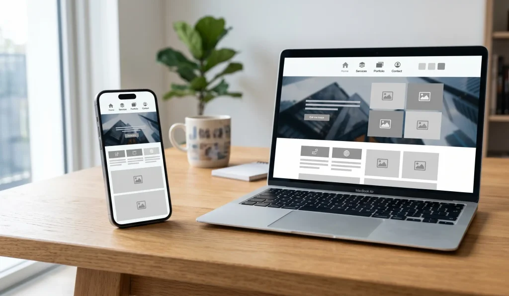 A side by side view showing how to make a website mobile friendly on a phone and laptop.