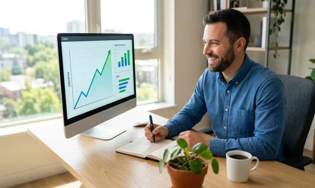 A small business owner analyzing growth data to learn how to measure website traffic effectively.