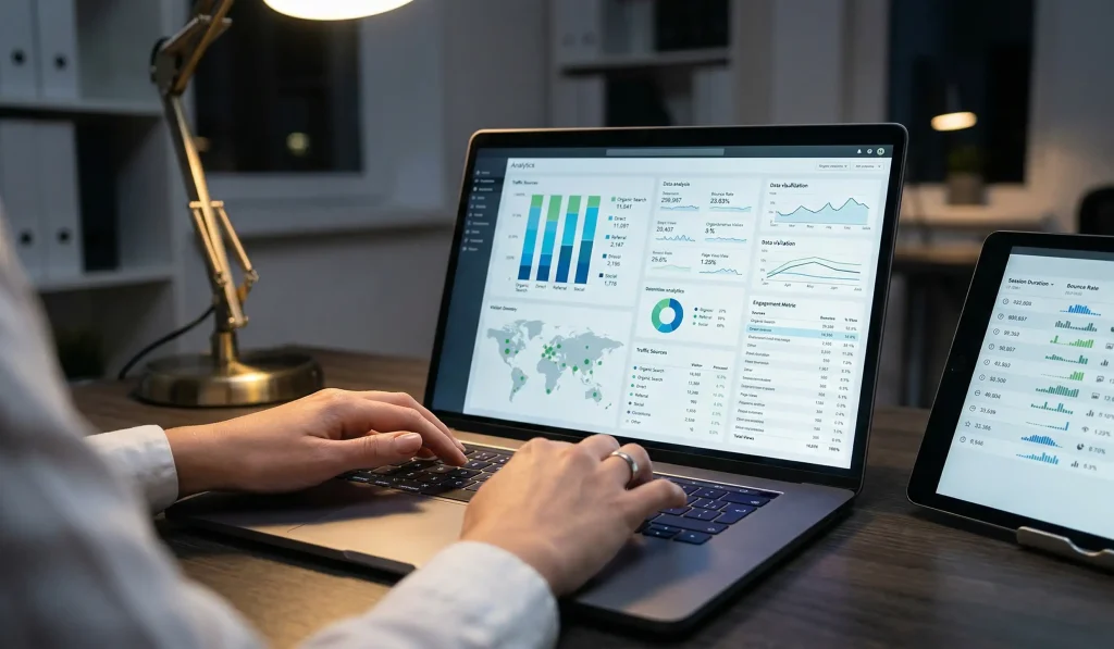 Close-up of hands and devices showing technical analytics data as part of learning how to measure website traffic.